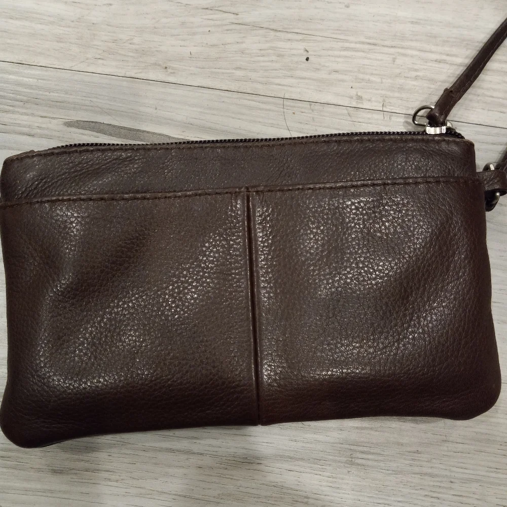 Brown Leather Wristlet Clutch with Silver Buckle
